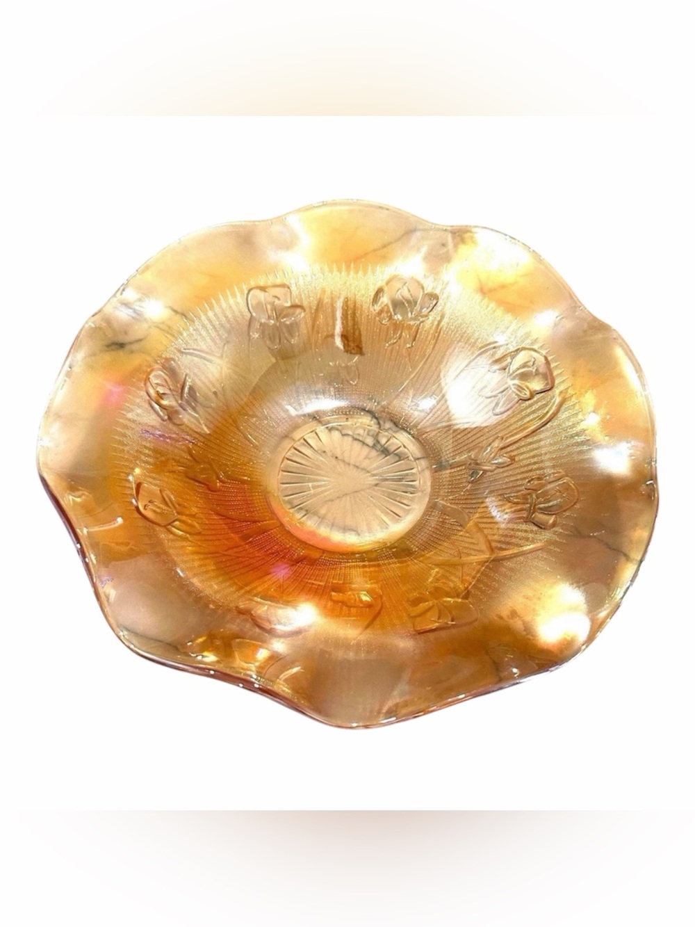 MCM Jeanette MARIGOLD IRIDESCENT CARNIVAL GLASS 12” BOWL - Iris & Herringbone